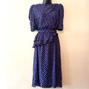 vtg Charlee Allison secretary dress peplum 80s 13/14 S ditsy modest